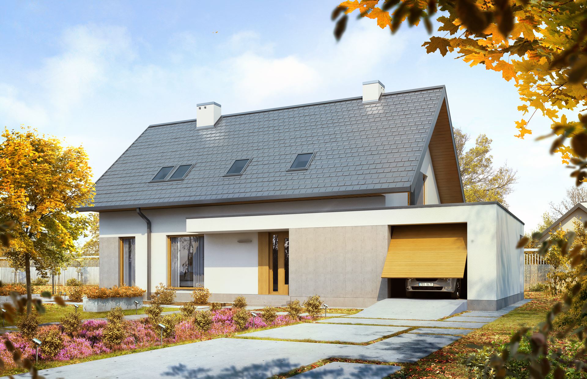 Modern, szögletes ereszcsatorna-rendszer egy minimalista ház homlokzatán, tökéletesen harmonizálva a tető és a homlokzat dizájnjával.
